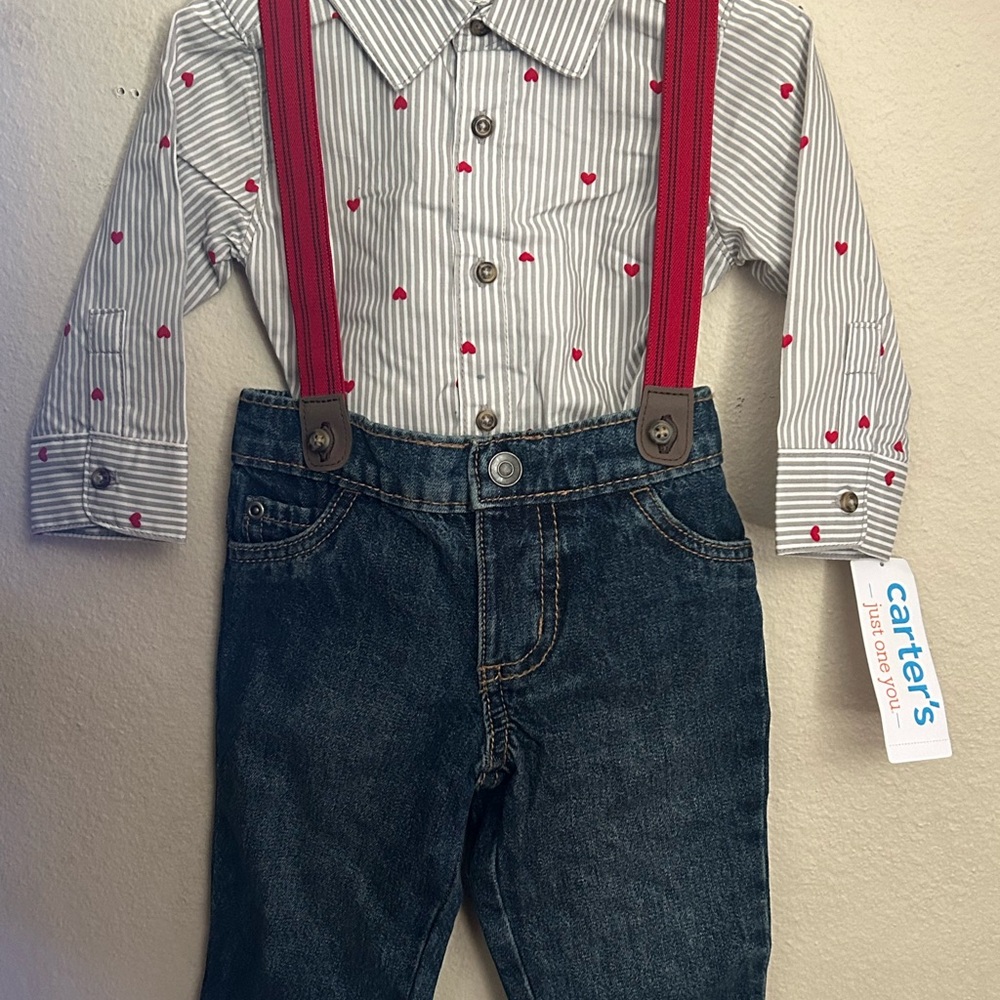 New* Carter's 6M Striped/heart Shirt with Red Suspenders